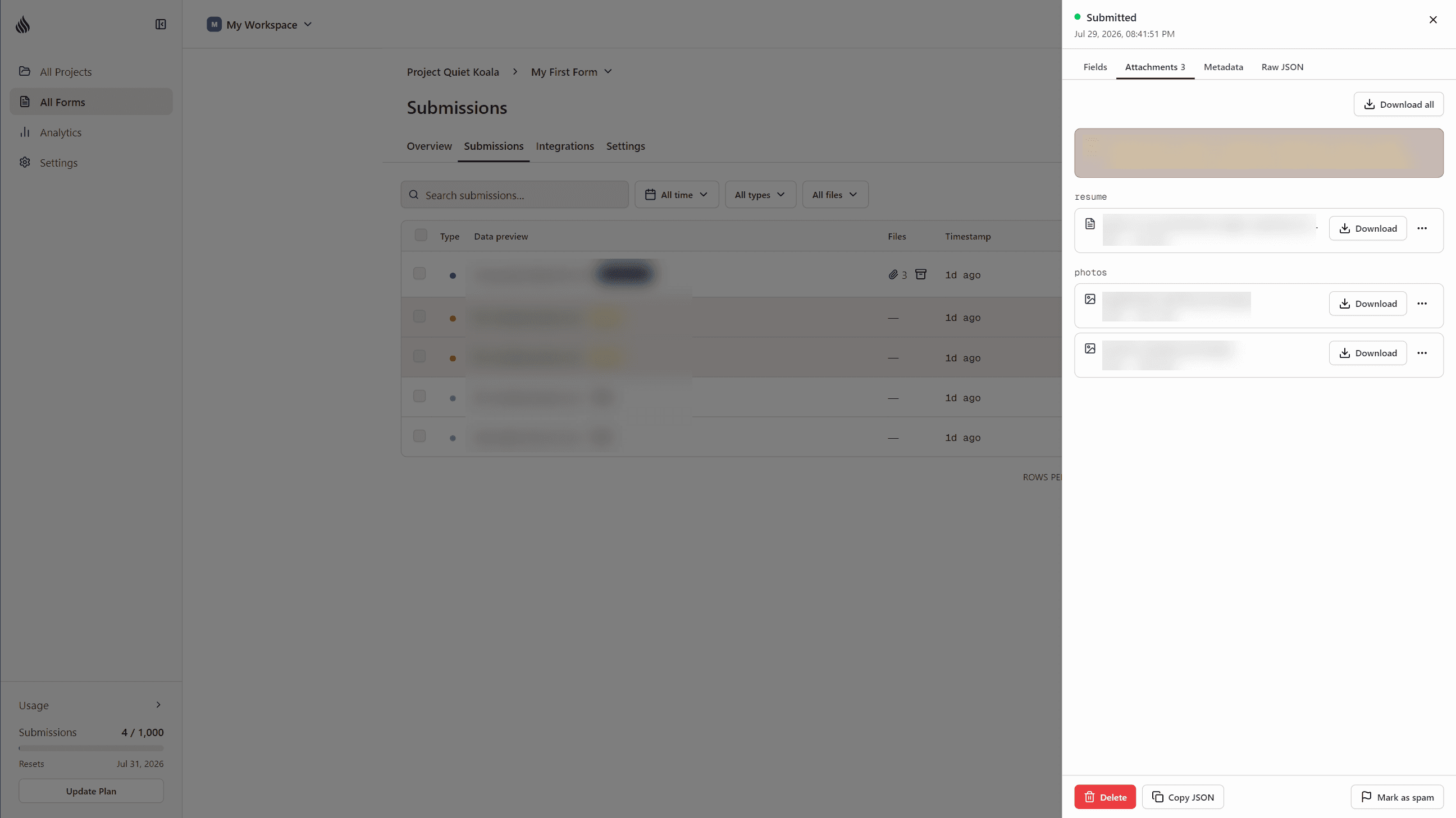 Submission drawer Attachments tab with file previews and download buttons