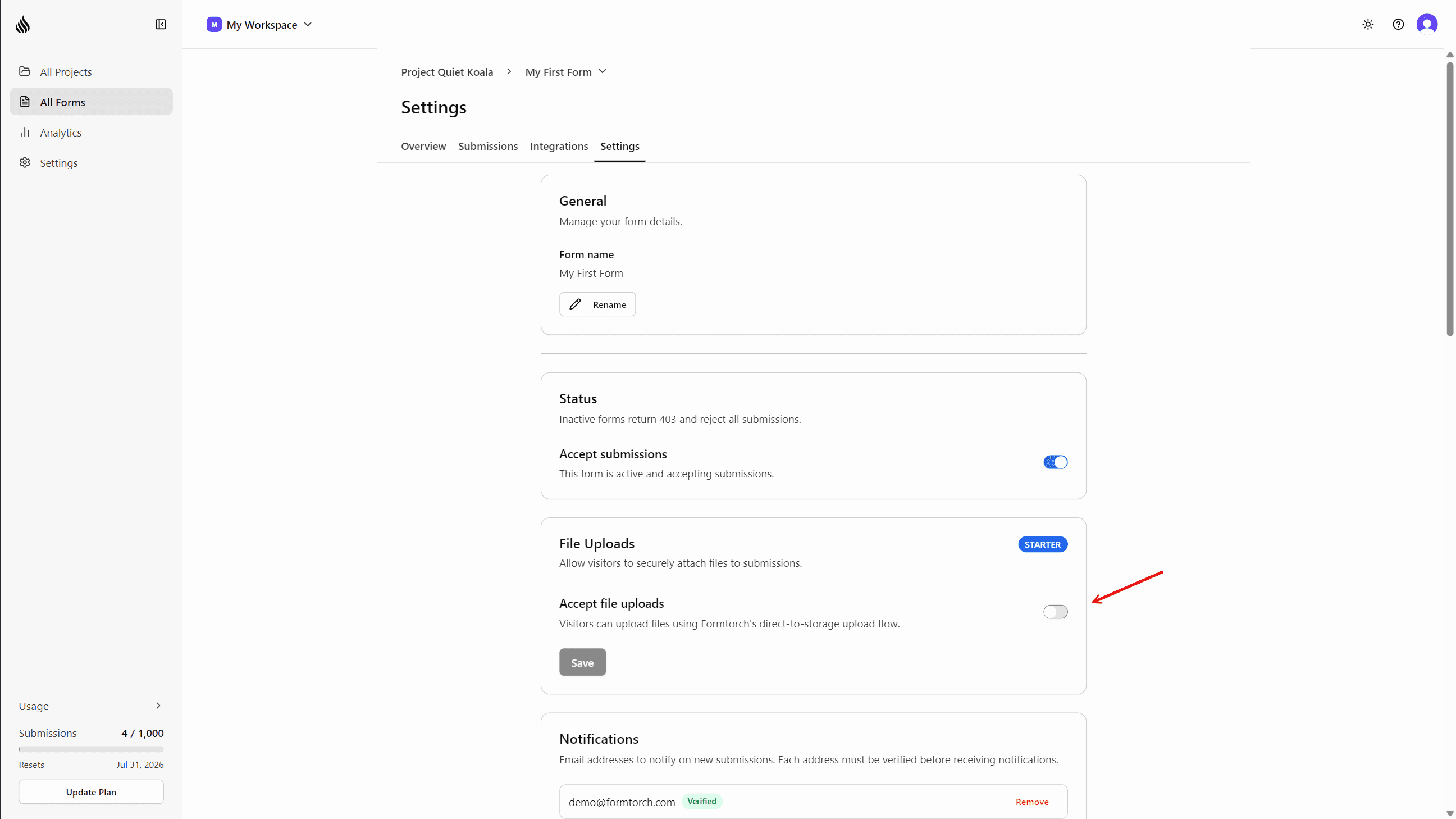 File uploads toggle off on a form's Settings page