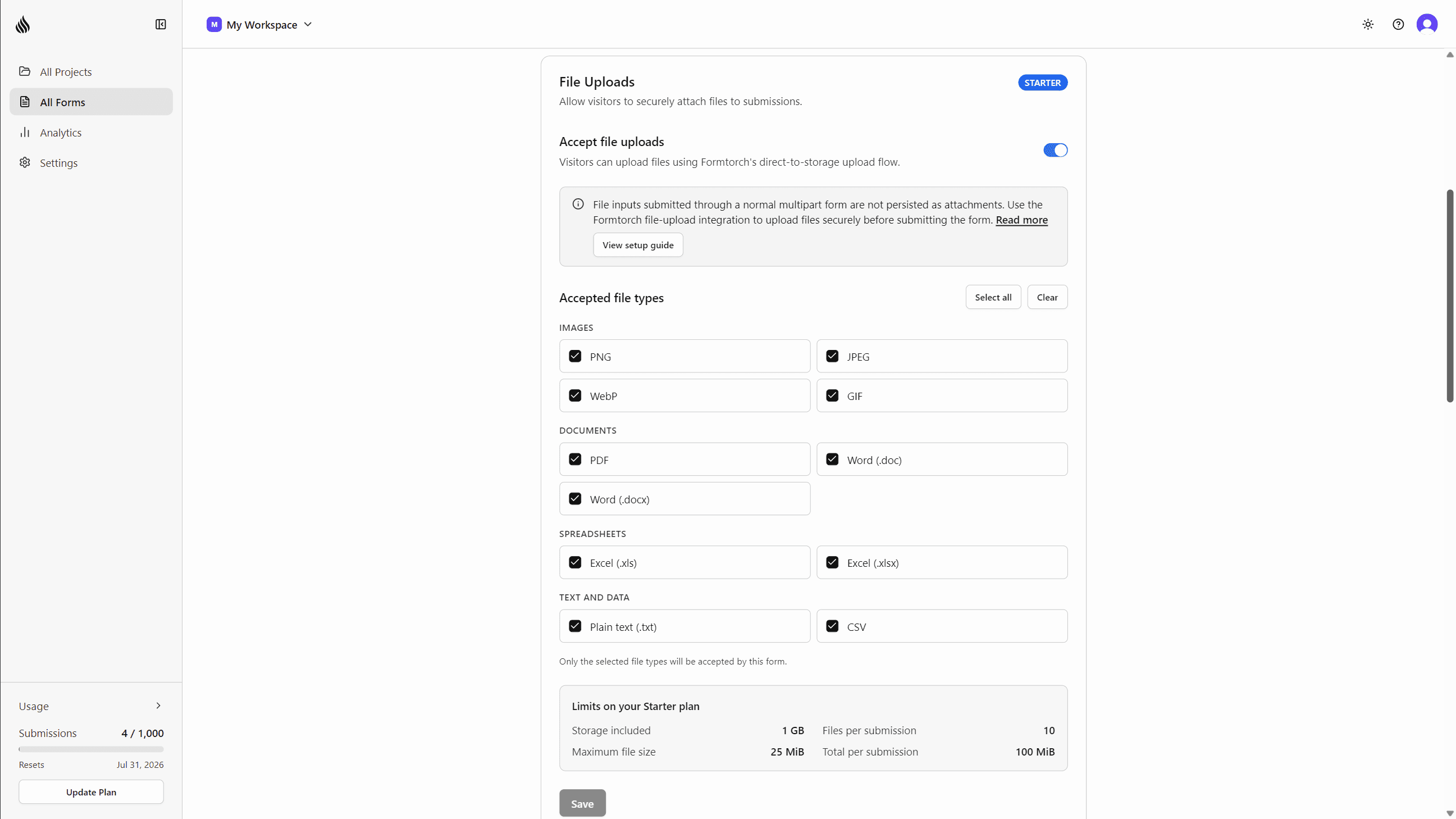 File uploads toggle on, with accepted file types on a form's Settings page