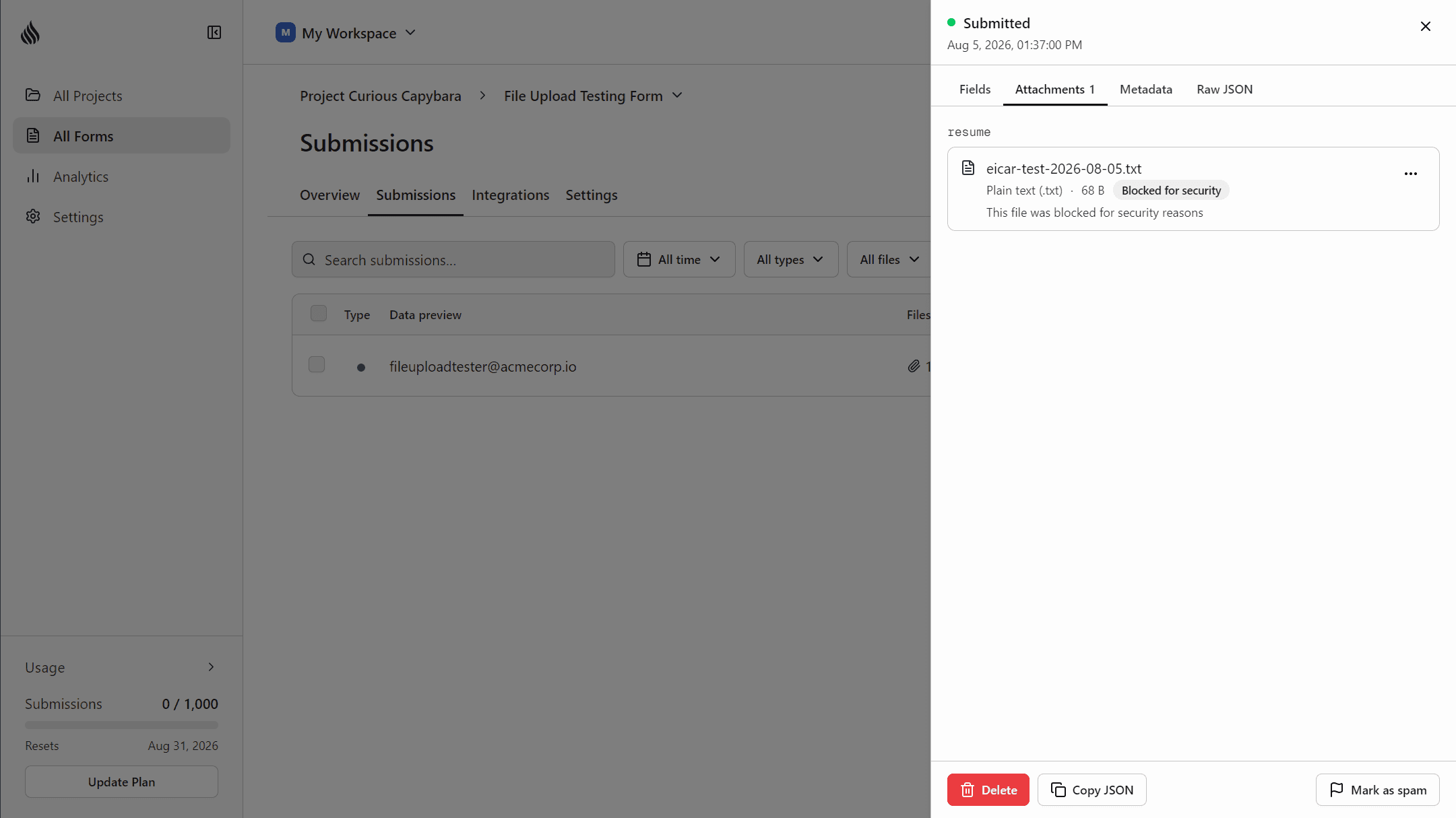 A flagged file in the submissions drawer's Attachments tab, showing a Blocked for security badge alongside the submission's other files