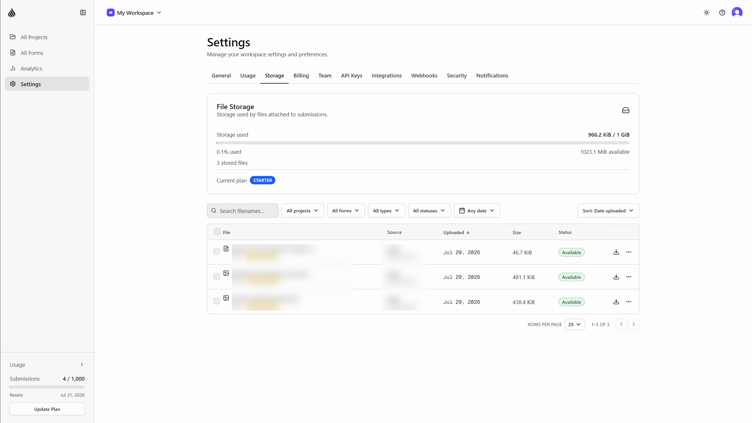 Settings Storage page listing files with usage meter