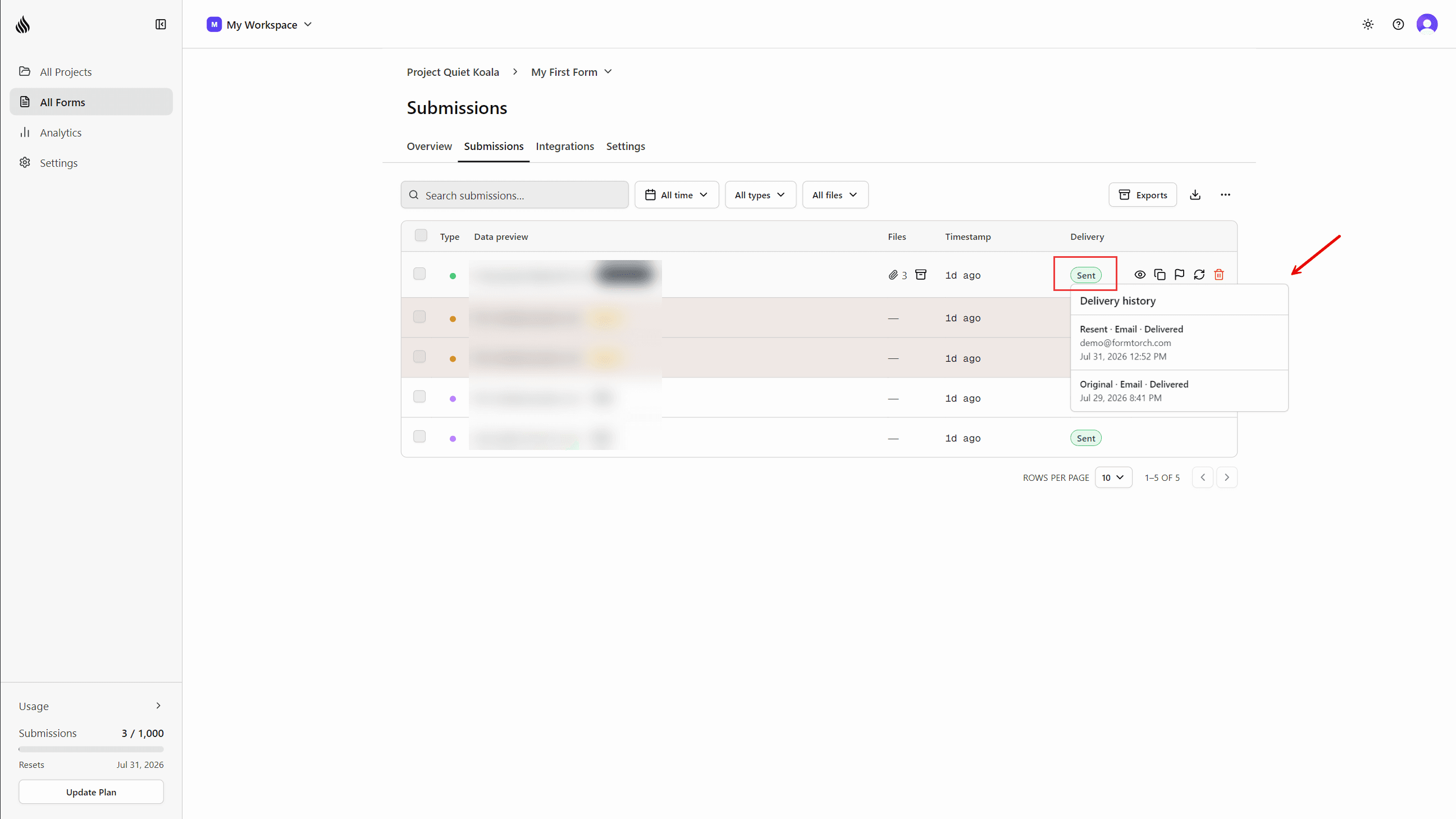 Delivery history popover showing automatic and manual delivery attempts