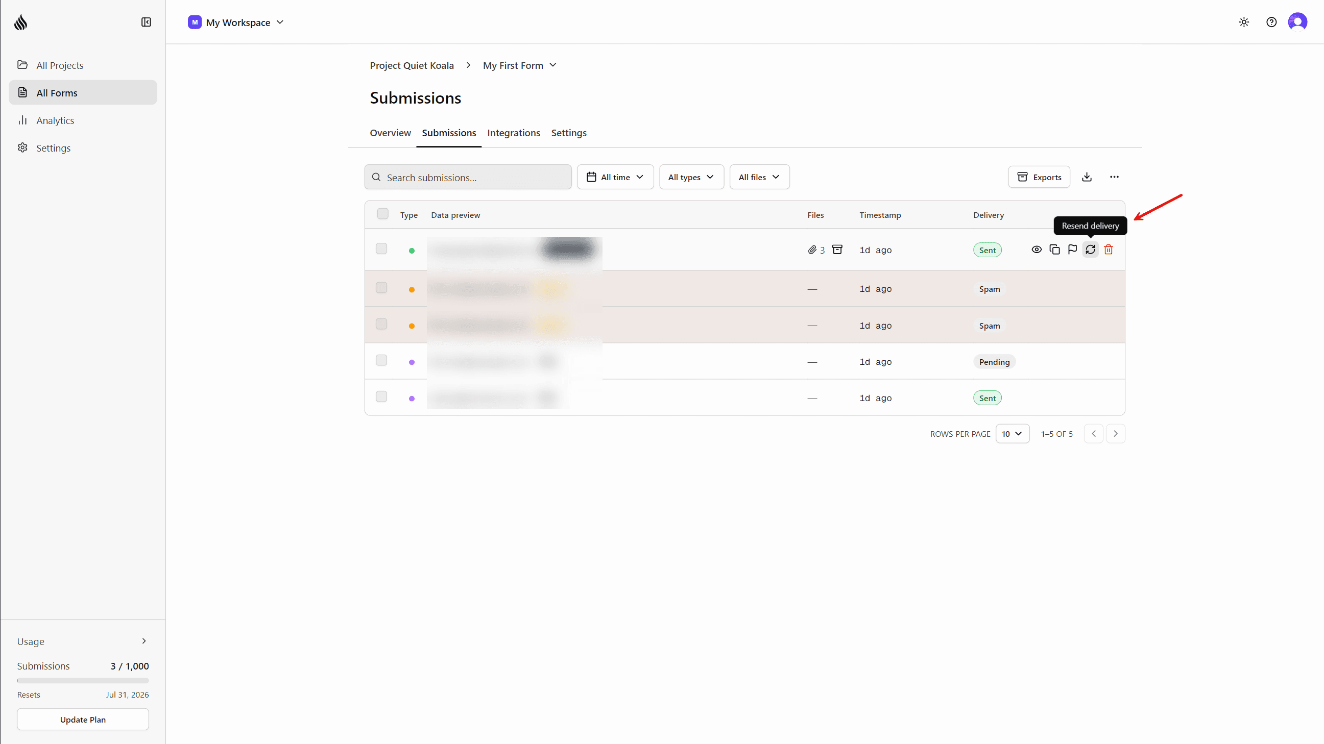 Submissions table row-action menu with Retry and Resend delivery options