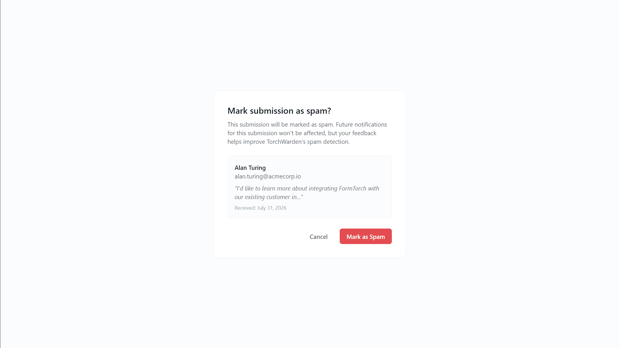 Signed confirmation page for marking a submission as spam