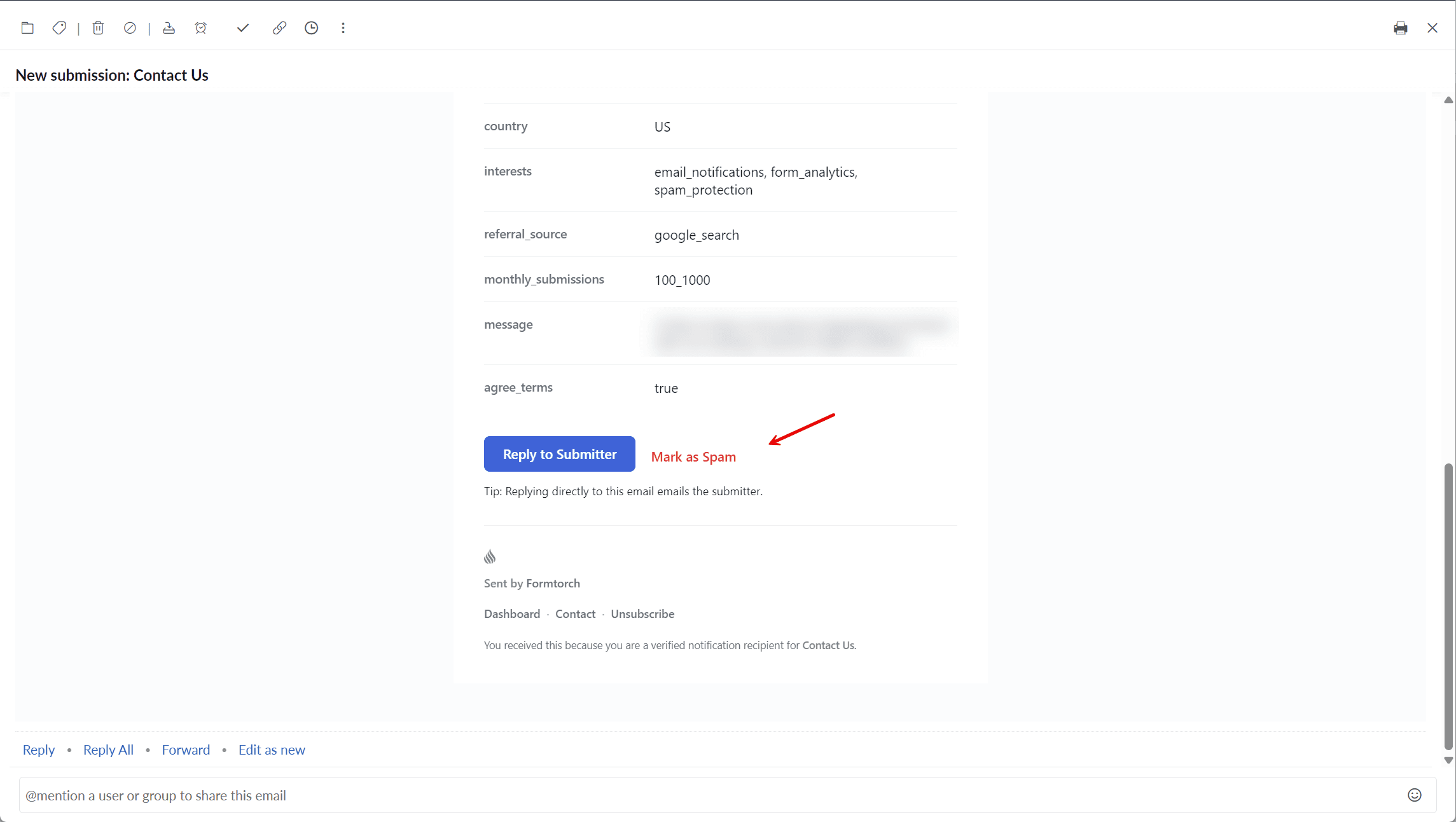 Submission notification email with Mark as Spam and Reply to Submitter actions