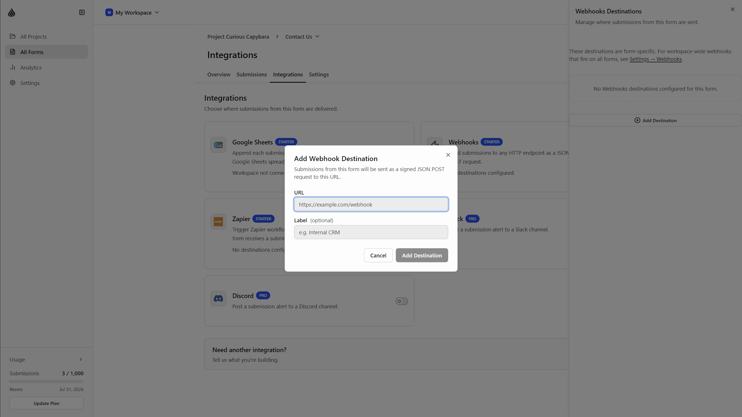 Add Webhook Destination dialog on a form's Integrations page