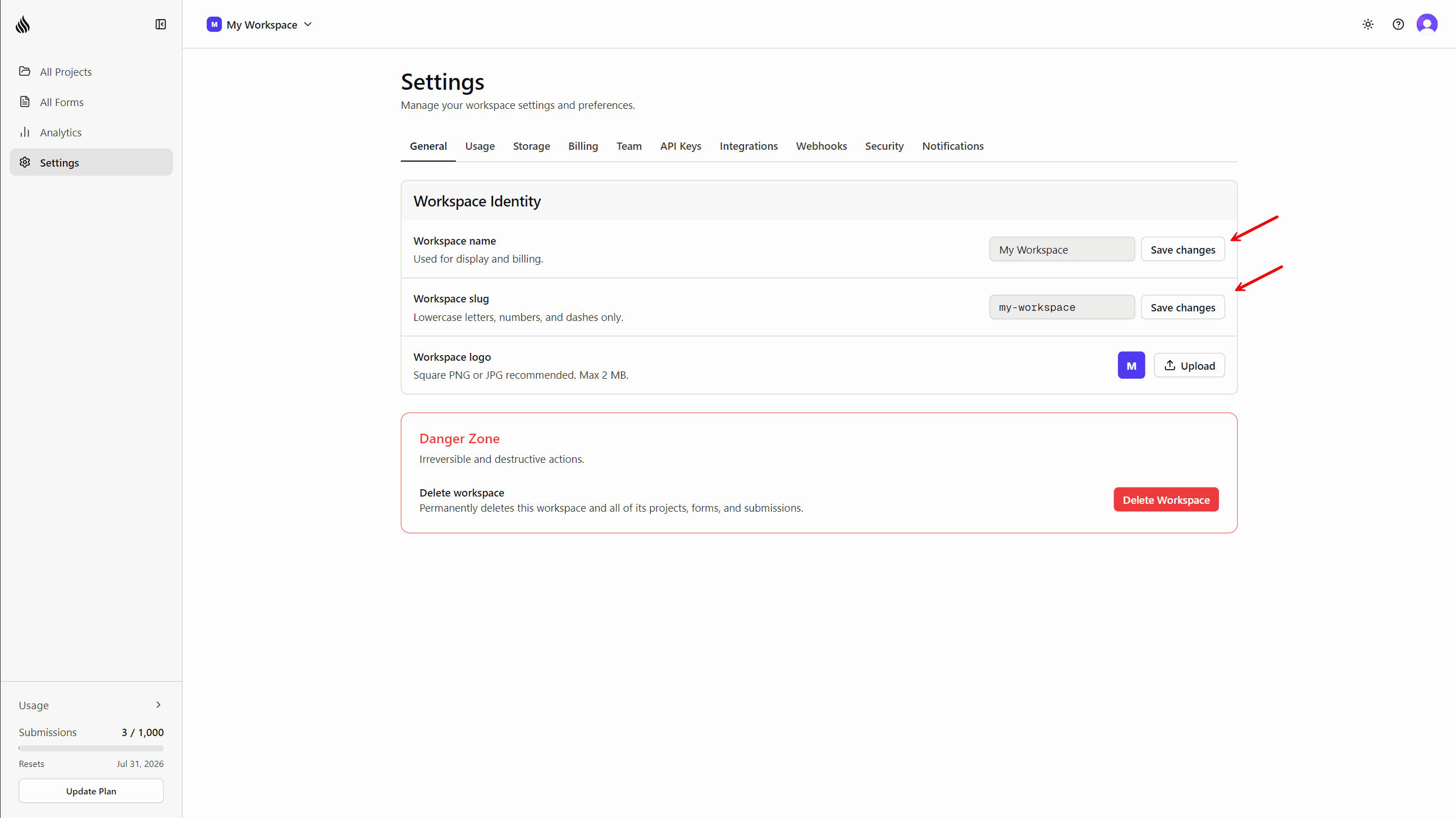 Settings General page with workspace name and slug fields