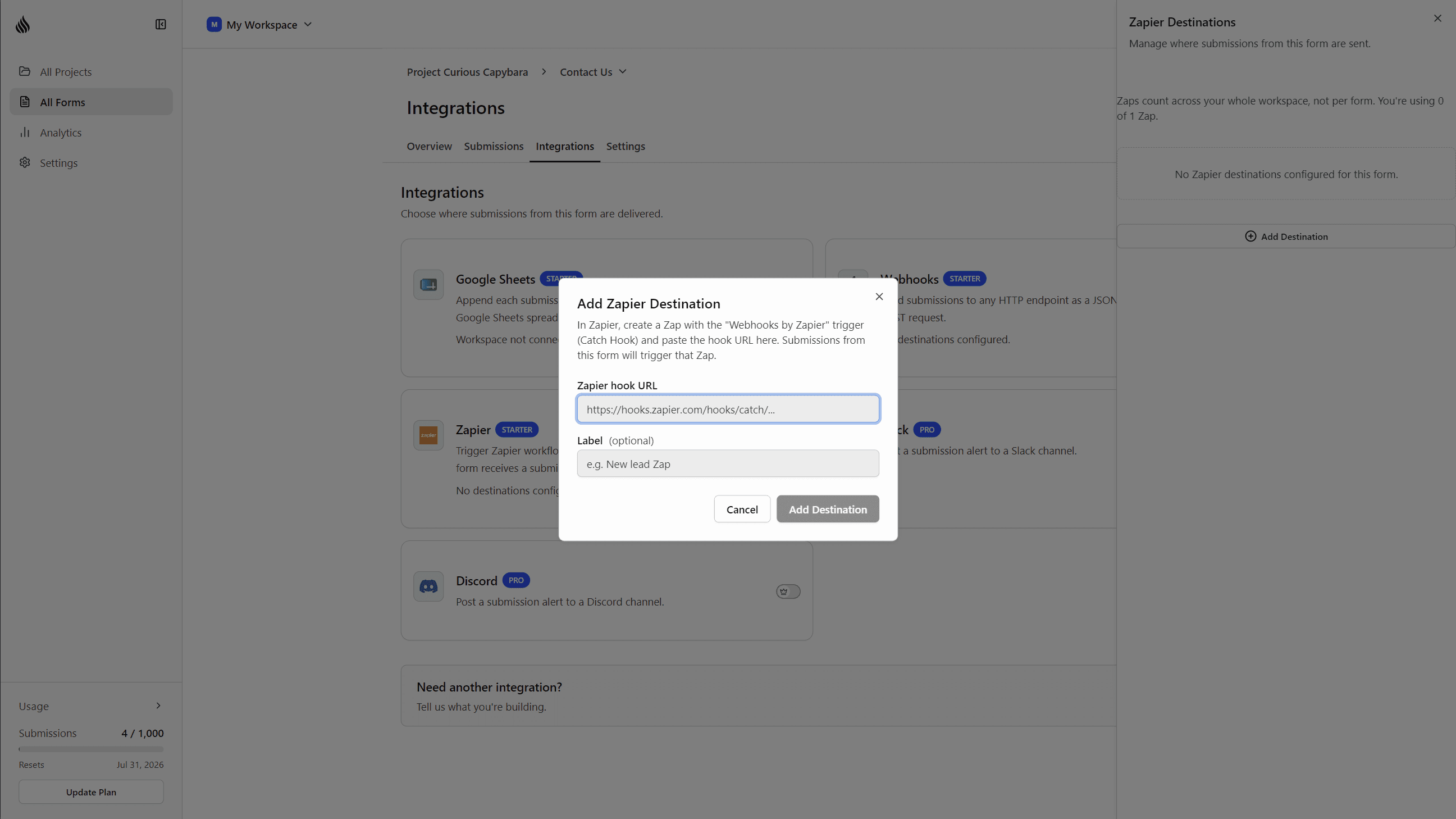 Add Destination dialog for the Zapier card on a form's Integrations page