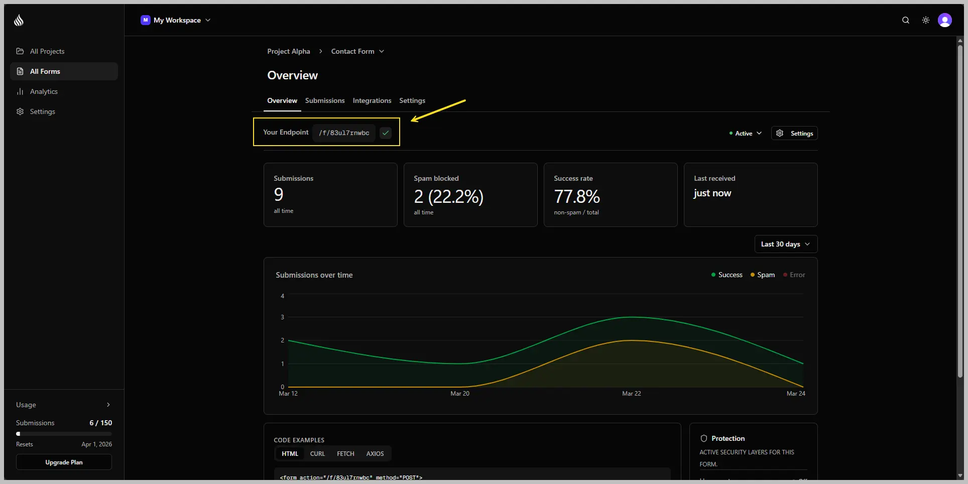Formtorch dashboard showing the form endpoint URL ready to copy