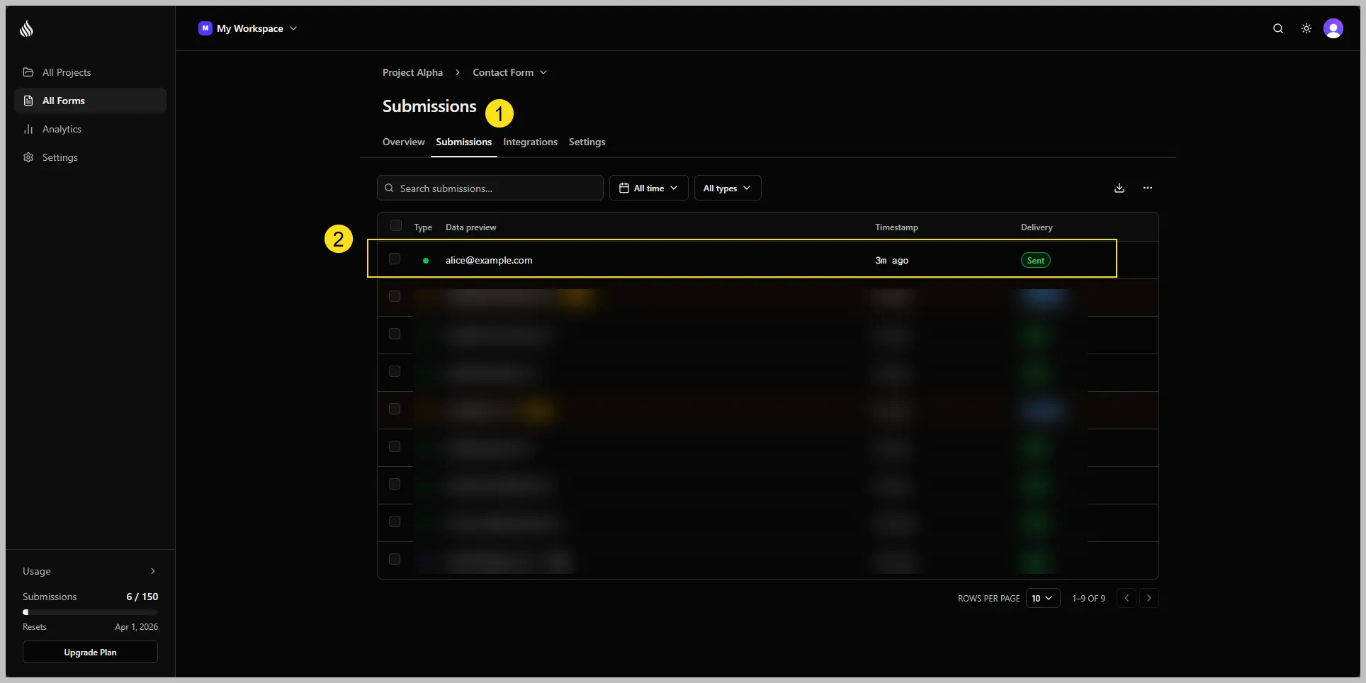 Formtorch submissions dashboard showing a new Next.js form submission with field values