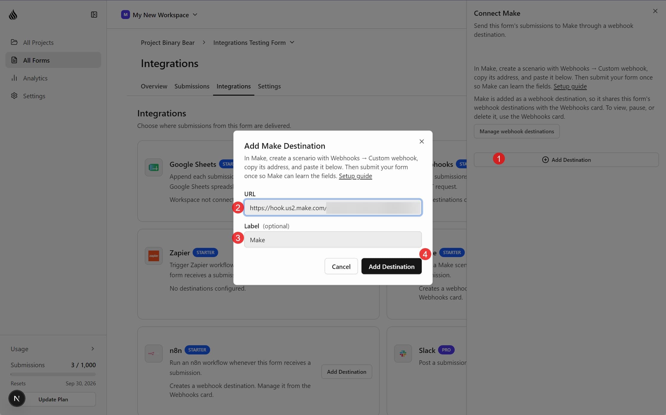 Add Make Destination dialog with a Make webhook URL pasted and the label Make