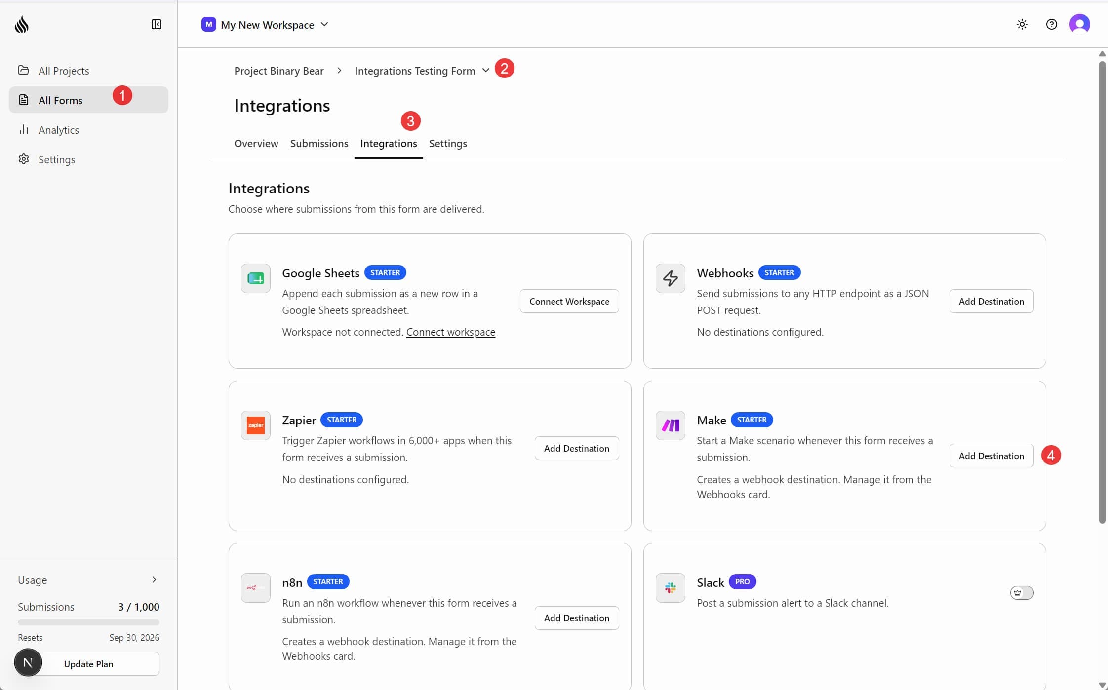 A form's Integrations tab in Formtorch, with the Make card's Add Destination button