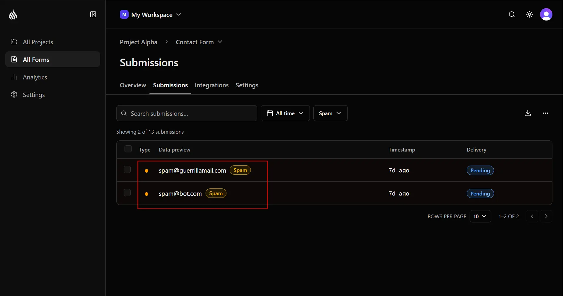 Formtorch dashboard displays spam submissions