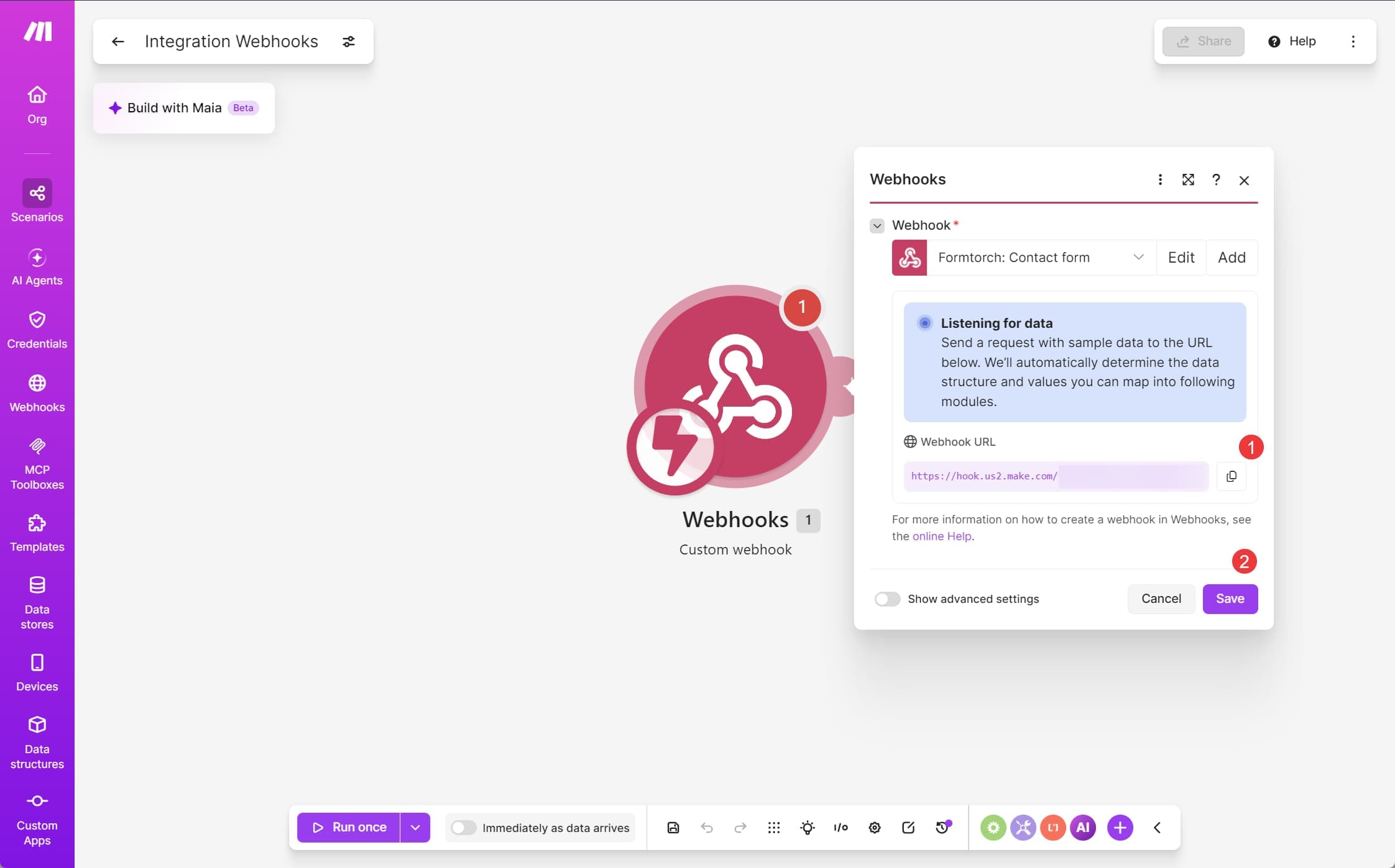 Make's Webhooks module listening for data, with the webhook URL and its copy button