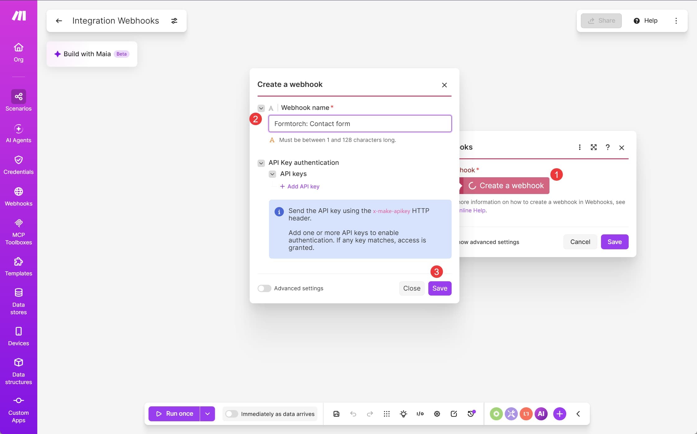 Make's Create a webhook dialog with the name Formtorch: Contact form
