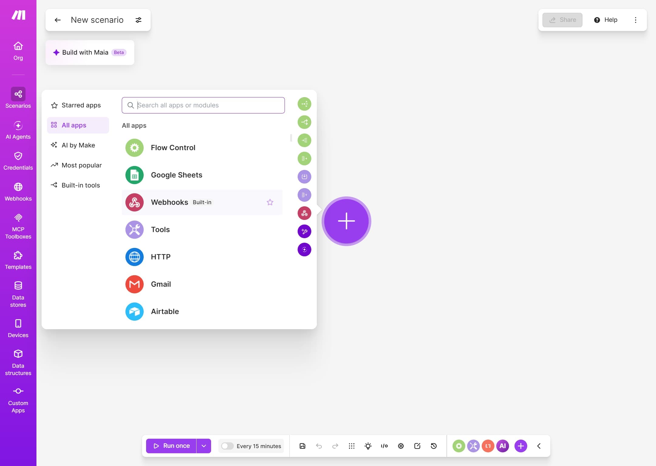 Make's app picker in a new scenario, with the built-in Webhooks app listed