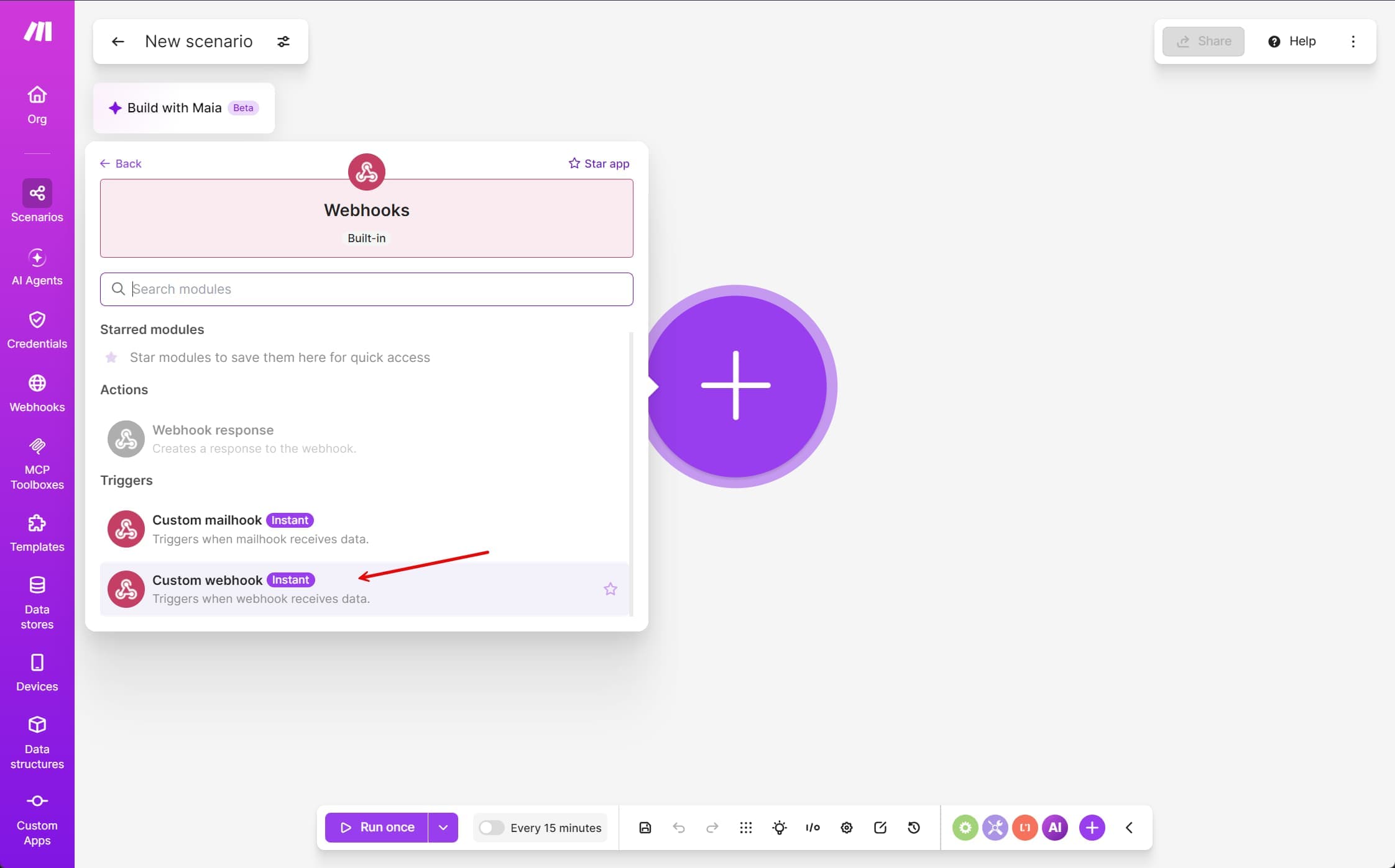Webhooks triggers in Make, with Custom webhook highlighted below Custom mailhook