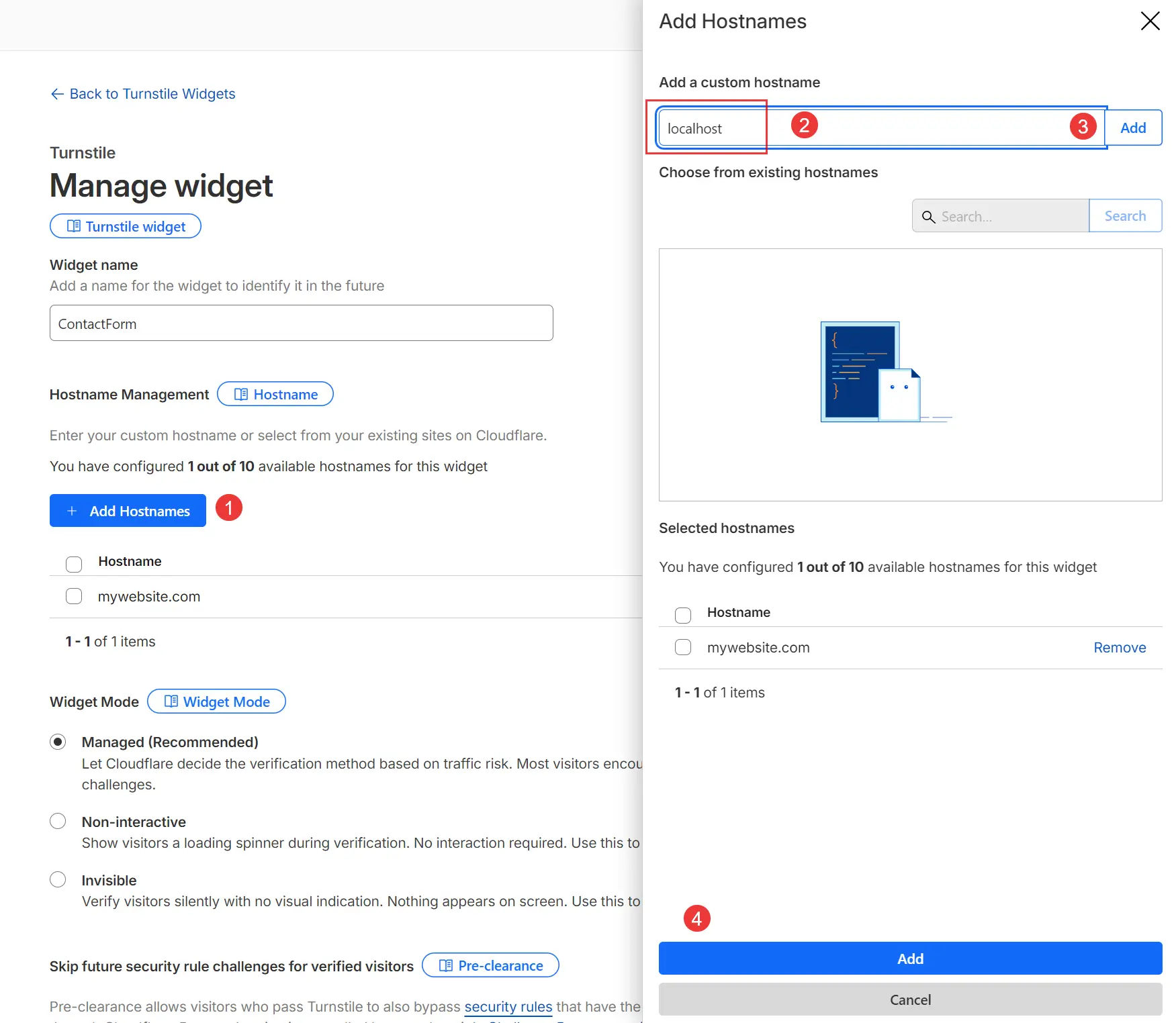 Cloudflare dashboard showing how to add localhost as the Hostname