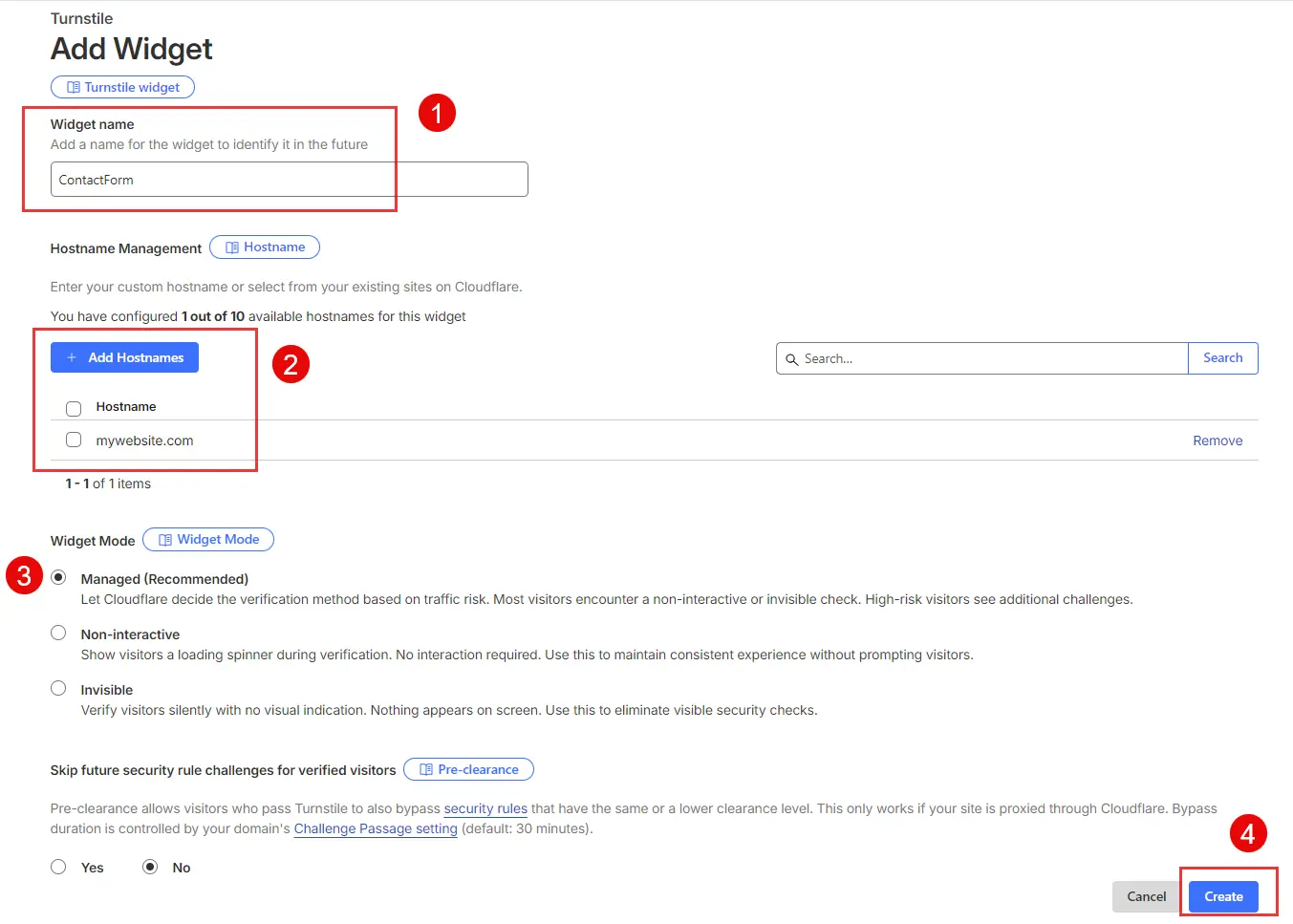 Cloudflare Turnstile dashboard showing the Add Widget form with info filled in