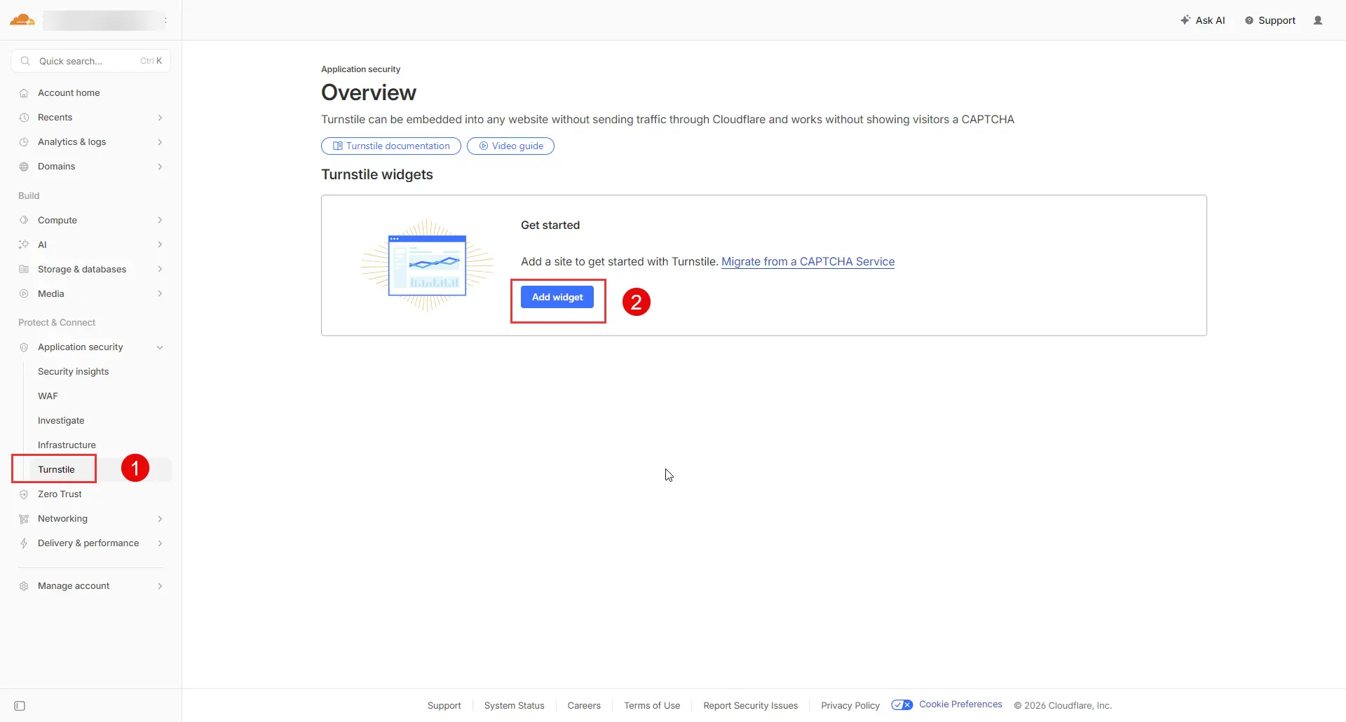 Cloudflare Turnstile dashboard showing the Add Widget button
