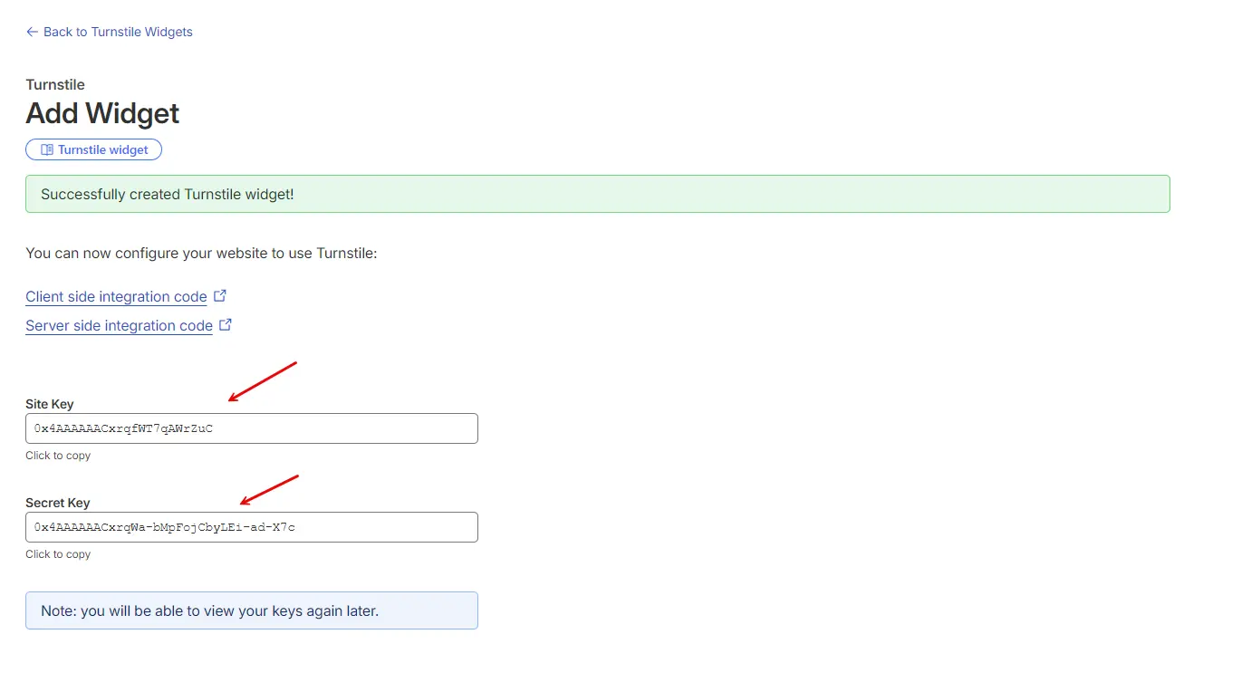 Cloudflare Turnstile site keys screen showing the Site Key and Secret Key after site creation