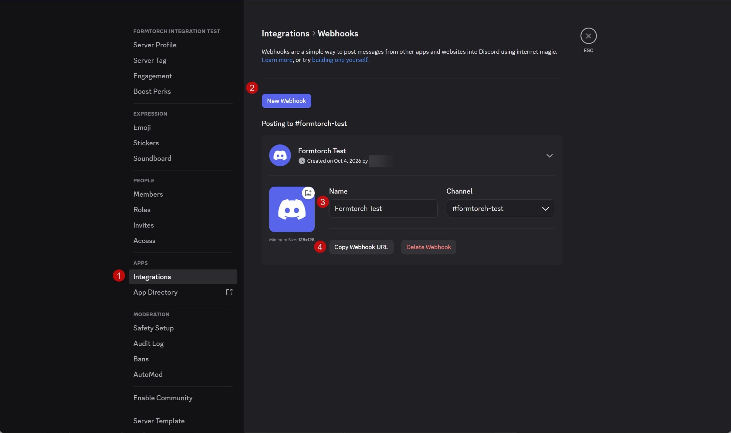 Discord Server Settings with the Integrations page open and the Webhooks entry
