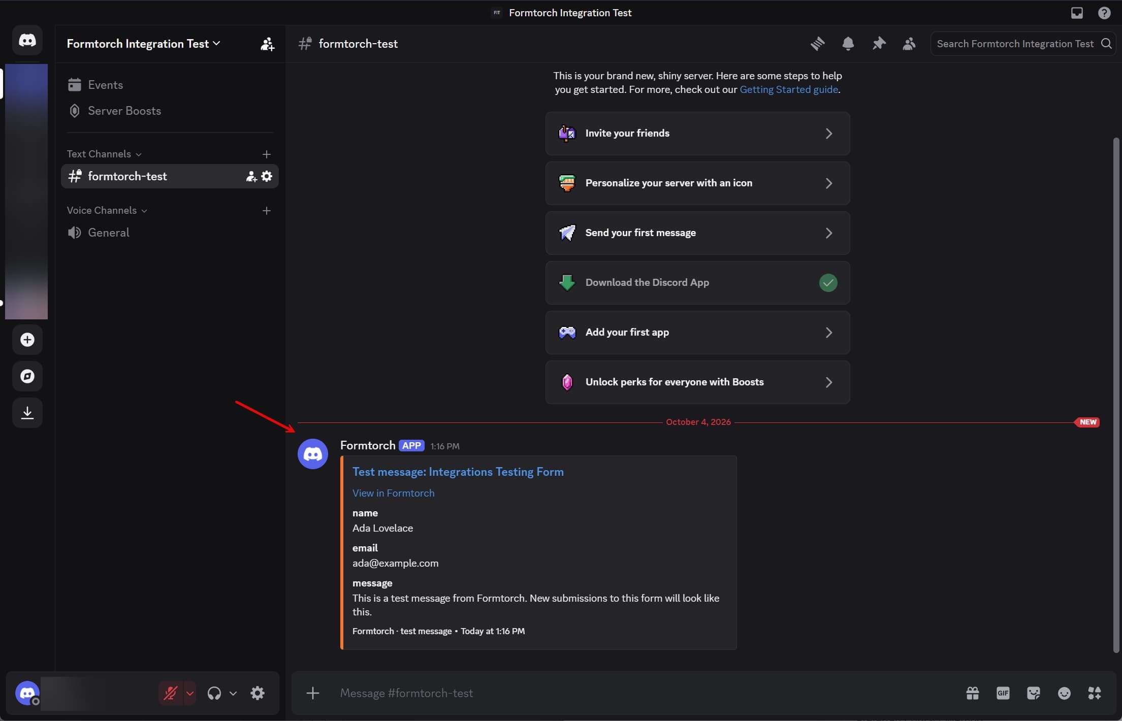 A Formtorch test message in a Discord channel with sample name, email, and message fields
