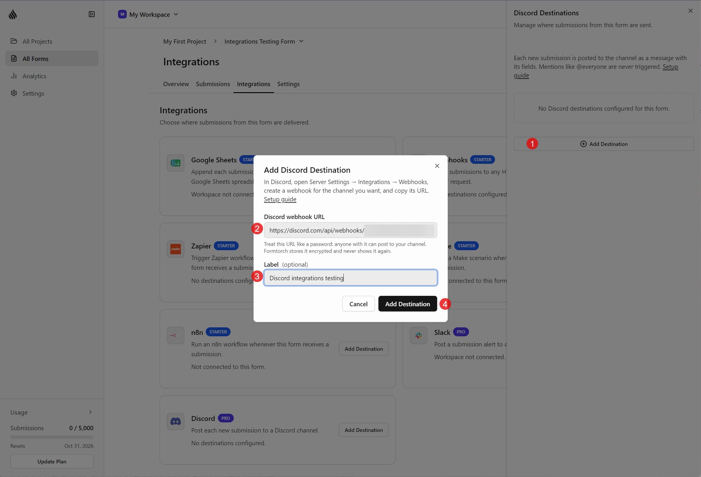 Add Discord Destination dialog with the Discord webhook URL field and optional label