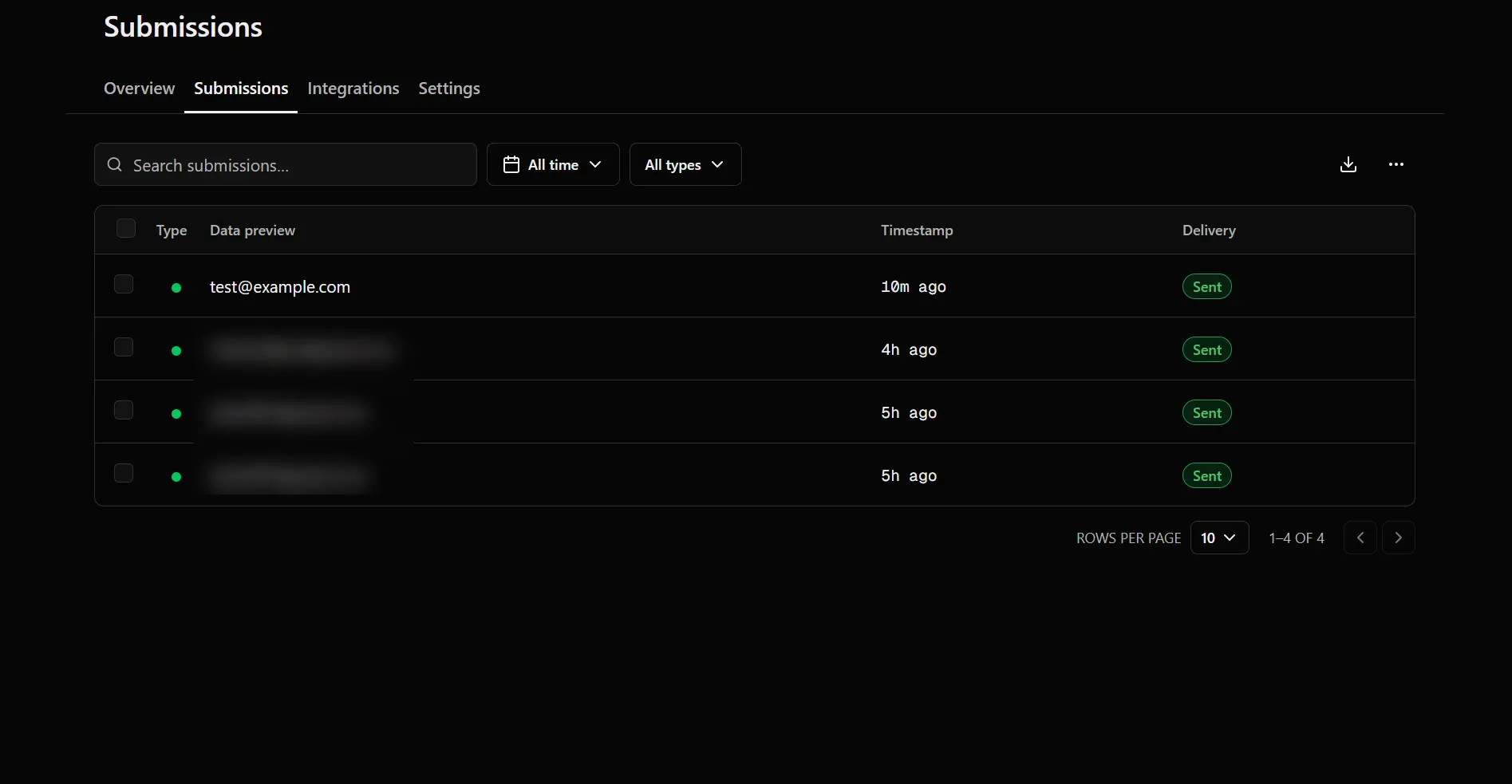 Formtorch dashboard showing the submission table with the most recent submission