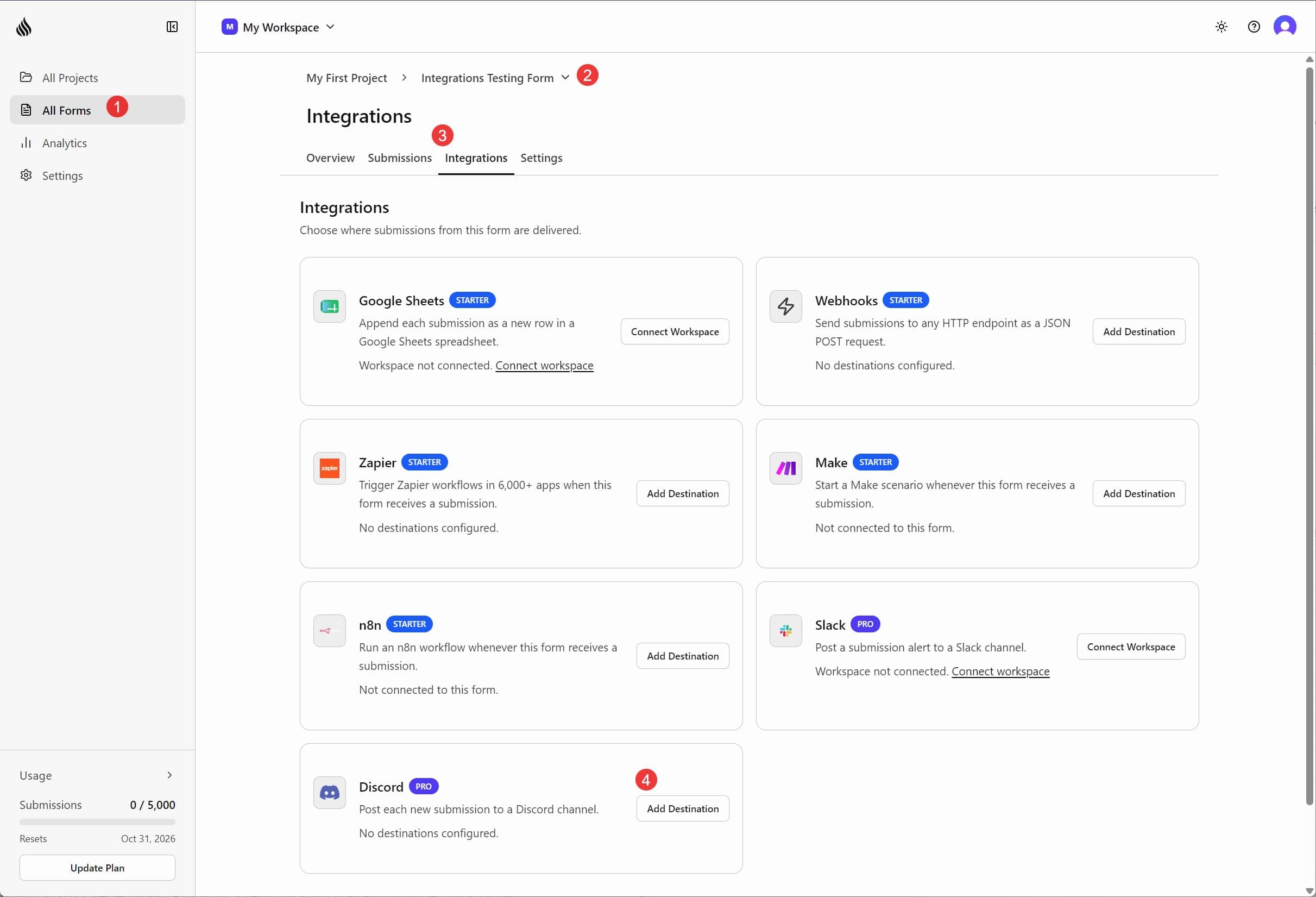 A form's Integrations tab in Formtorch, with the Discord card's Add Destination button