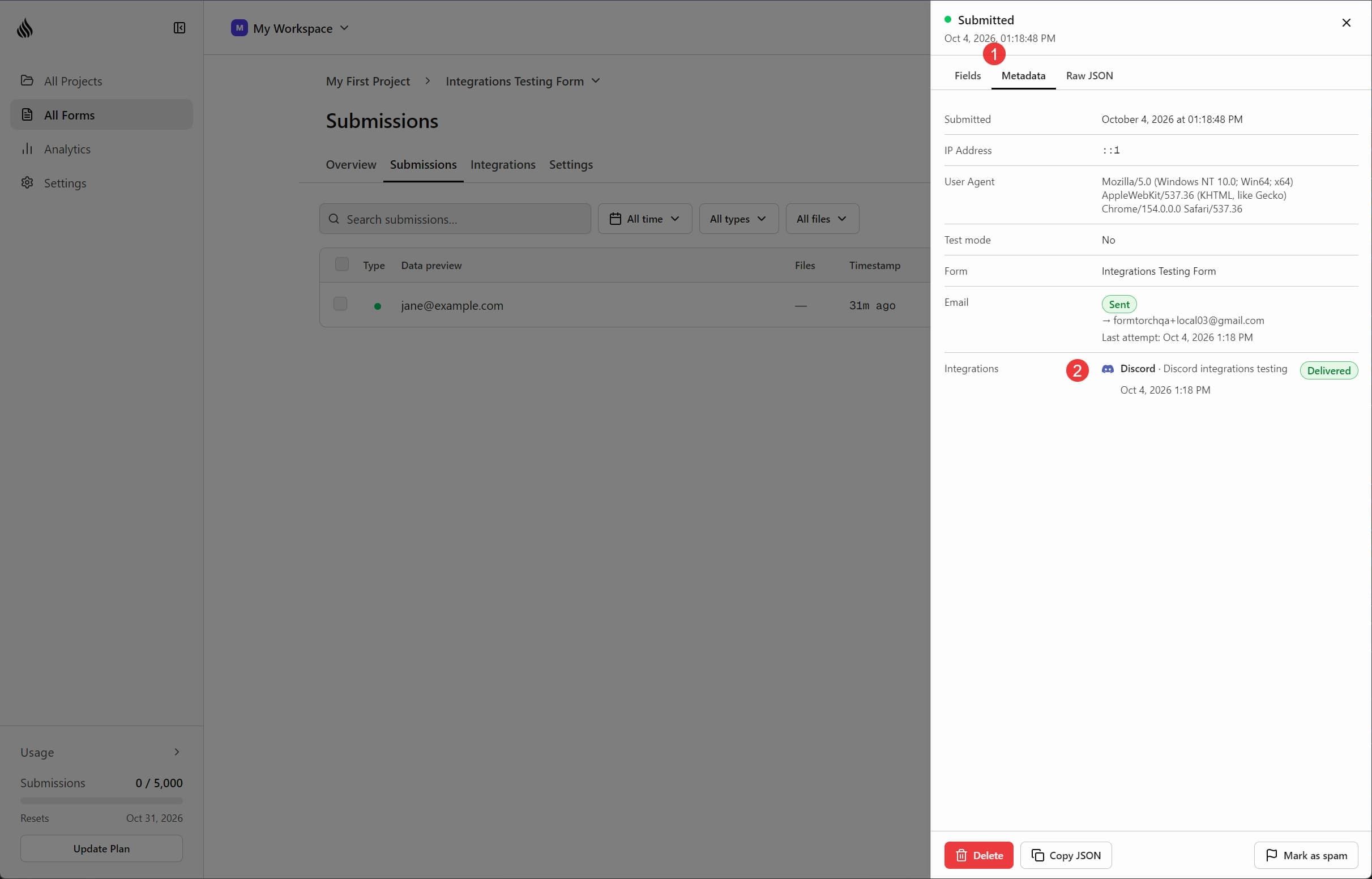 The Delivery history popover on a submission's Sent badge, listing Email and Discord as delivered