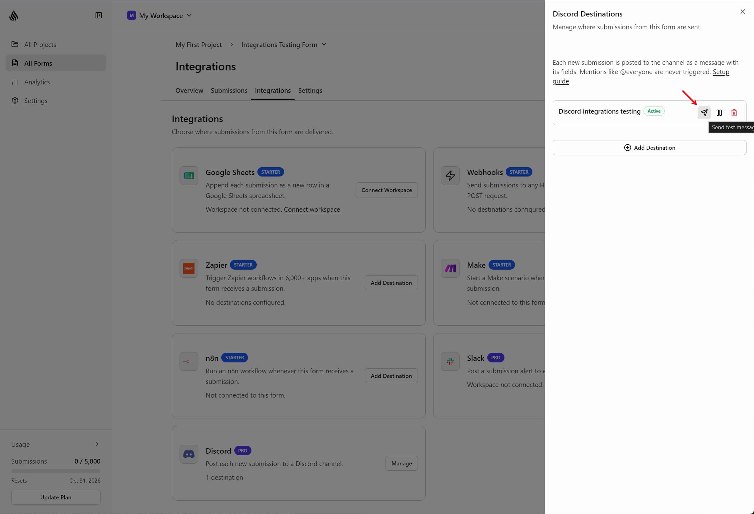 The Discord destinations panel in Formtorch with the Send test message button next to a destination